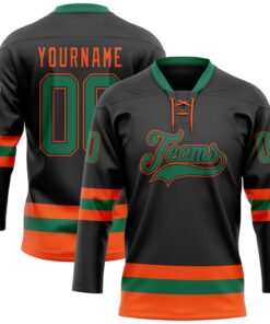 Custom Black Kelly Green-Orange Hockey Lace Neck Jersey
