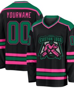 Custom Black Kelly Green-Pink Hockey Jersey