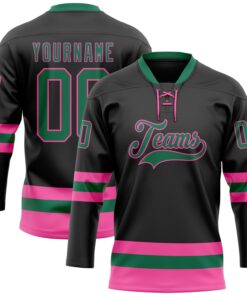 Custom Black Kelly Green-Pink Hockey Lace Neck Jersey