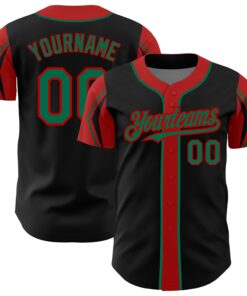 Custom Black Kelly Green-Red 3 Colors Arm Shapes Authentic Baseball Jersey