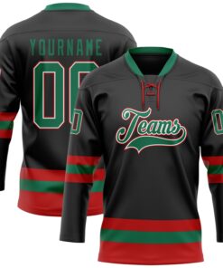 Custom Black Kelly Green-Red Hockey Lace Neck Jersey