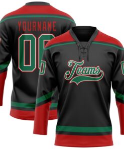 Custom Black Kelly Green-Red Hockey Lace Neck Jersey