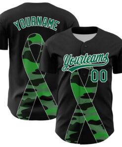 Custom Black Kelly Green-White 3D Liver Cancer Ribbon Authentic Baseball Jersey