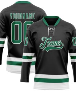 Custom Black Kelly Green-White Hockey Lace Neck Jersey