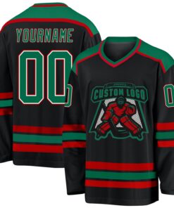 Custom Black Kelly Green White-Red Hockey Jersey