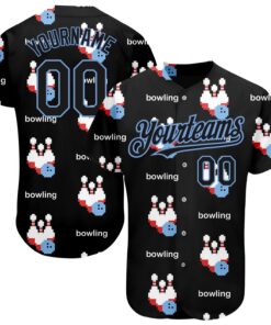 Custom Black Light Blue 3D Pattern Design Bowling Authentic Baseball Jersey