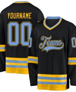 Custom Black Light Blue-Gold Hockey Jersey