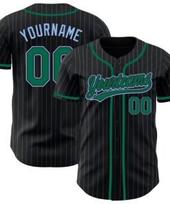 Custom Black Light Blue Pinstripe Kelly Green Authentic Baseball Jersey