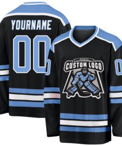 Custom Black Light Blue-White Hockey Jersey