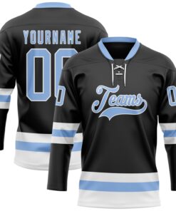 Custom Black Light Blue-White Hockey Lace Neck Jersey