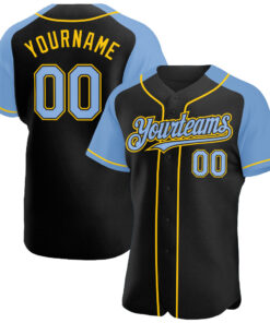 Custom Black Light Blue-Yellow Authentic Raglan Sleeves Baseball Jersey