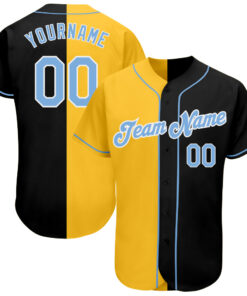 Custom Black Light Blue-Yellow Authentic Split Fashion Baseball Jersey