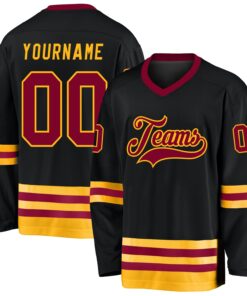 Custom Black Maroon-Gold Hockey Jersey