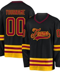 Custom Black Maroon-Gold Hockey Jersey