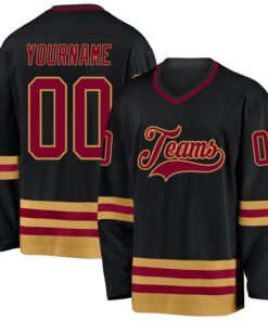 Custom Black Maroon-Old Gold Hockey Jersey