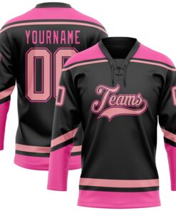 Custom Black Medium Pink-Pink Hockey Lace Neck Jersey