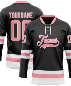 Custom Black Medium Pink-White Hockey Lace Neck Jersey