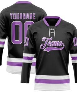 Custom Black Medium Purple-White Hockey Lace Neck Jersey