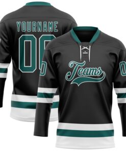 Custom Black Midnight Green-White Hockey Lace Neck Jersey