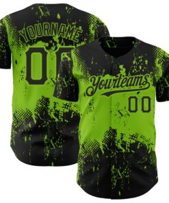 Custom Black Neon Green 3D Pattern Design Abstract Splatter Grunge Art Authentic Baseball Jersey