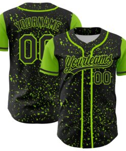 Custom Black Neon Green 3D Pattern Design Abstract Splatter Ink Authentic Baseball Jersey