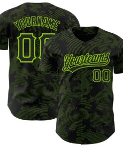 Custom Black Neon Green 3D Pattern Design Curve Lines Authentic Baseball Jersey