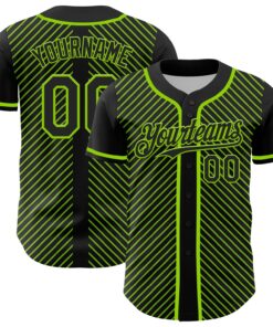 Custom Black Neon Green 3D Pattern Design Diagonal Stripes Authentic Baseball Jersey