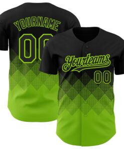 Custom Black Neon Green 3D Pattern Design Gradient Square Shapes Authentic Baseball Jersey