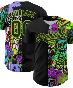 Custom Black Neon Green 3D Pattern Design Rave Monster Authentic Baseball Jersey