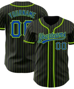 Custom Black Neon Green Pinstripe Thunder Blue Authentic Baseball Jersey