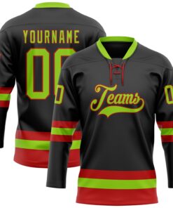 Custom Black Neon Green-Red Hockey Lace Neck Jersey