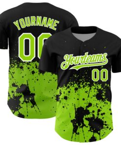 Custom Black Neon Green-White 3D Pattern Design Abstract Splash Grunge Art Authentic Baseball Jersey