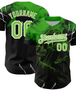 Custom Black Neon Green-White 3D Pattern Design Animal Dinosaur Authentic Baseball Jersey