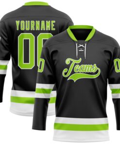 Custom Black Neon Green-White Hockey Lace Neck Jersey