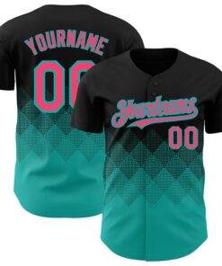 Custom Black Neon Pink-Aqua 3D Pattern Design Gradient Square Shapes Authentic Baseball Jersey
