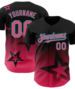 Custom Black Neon Pink-Aqua 3D Pattern Design Gradient Style Twinkle Star Authentic Baseball Jersey