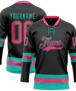 Custom Black Neon Pink-Aqua Hockey Lace Neck Jersey