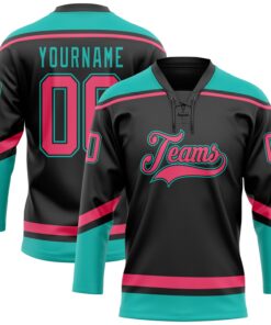 Custom Black Neon Pink-Aqua Hockey Lace Neck Jersey
