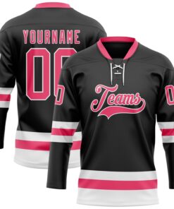 Custom Black Neon Pink-White Hockey Lace Neck Jersey
