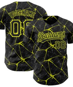 Custom Black Neon Yellow 3D Pattern Design Abstract Network Authentic Baseball Jersey