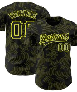 Custom Black Neon Yellow 3D Pattern Design Curve Lines Authentic Baseball Jersey