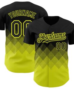Custom Black Neon Yellow 3D Pattern Design Gradient Square Shapes Authentic Baseball Jersey