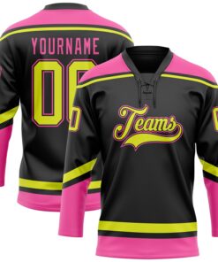 Custom Black Neon Yellow-Pink Hockey Lace Neck Jersey