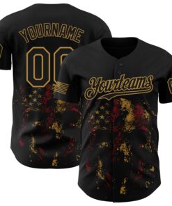 Custom Black Old Gold 3D American Flag Skull Patriotic Authentic Baseball Jersey