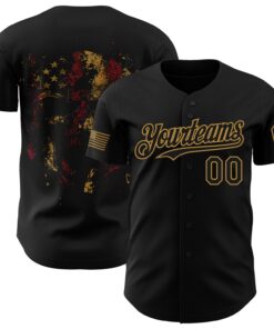 Custom Black Old Gold 3D American Flag Skull Patriotic Authentic Baseball Jersey