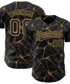 Custom Black Old Gold 3D Pattern Design Abstract Network Authentic Baseball Jersey