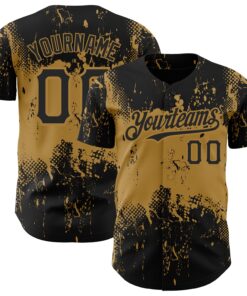 Custom Black Old Gold 3D Pattern Design Abstract Splatter Grunge Art Authentic Baseball Jersey