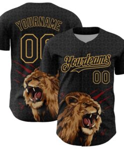 Custom Black Old Gold 3D Pattern Design Animal Lion Authentic Baseball Jersey