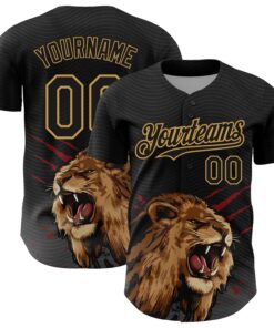 Custom Black Old Gold 3D Pattern Design Animal Lion Authentic Baseball Jersey