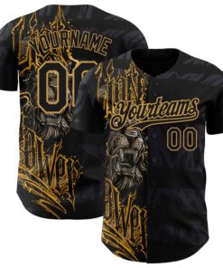 Custom Black Old Gold 3D Pattern Design Animal Lion Authentic Baseball Jersey